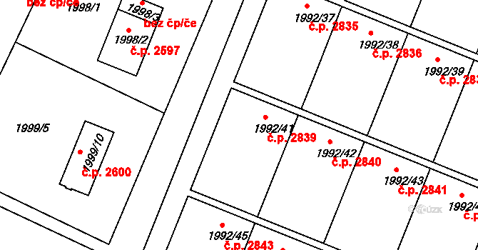 Teplice 2839 na parcele st. 1992/41 v KÚ Teplice, Katastrální mapa