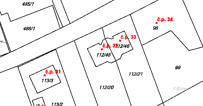 Lysůvky 32, Frýdek-Místek na parcele st. 112/45 v KÚ Lysůvky, Katastrální mapa