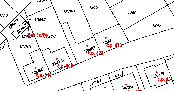Těšice 572, Mikulčice na parcele st. 1246/2 v KÚ Mikulčice, Katastrální mapa