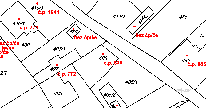 Fryštát 836, Karviná na parcele st. 406 v KÚ Karviná-město, Katastrální mapa
