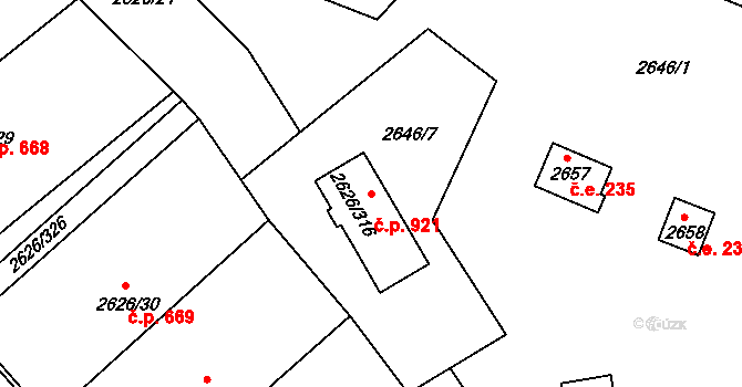 Doksy 921 na parcele st. 2626/316 v KÚ Doksy u Máchova jezera, Katastrální mapa