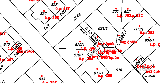 Doubravka 385, Plzeň na parcele st. 620/1 v KÚ Doubravka, Katastrální mapa