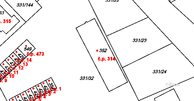 Čebín 314 na parcele st. 352 v KÚ Čebín, Katastrální mapa