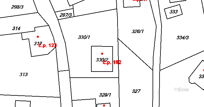 Okrouhlá 162 na parcele st. 330/2 v KÚ Okrouhlá u Nového Boru, Katastrální mapa