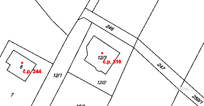 Proskovice 316, Ostrava na parcele st. 12/3 v KÚ Proskovice, Katastrální mapa