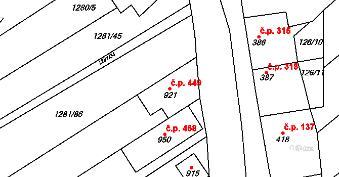 Vrbice 449 na parcele st. 921 v KÚ Vrbice u Velkých Pavlovic, Katastrální mapa