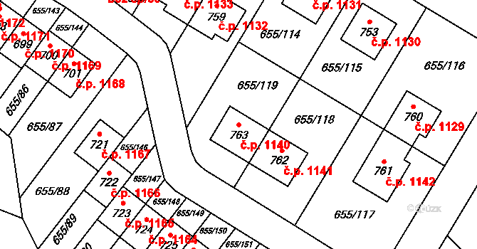 Květnice 1140 na parcele st. 763 v KÚ Květnice, Katastrální mapa