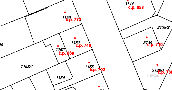 Předměstí 740, Litoměřice na parcele st. 1151 v KÚ Litoměřice, Katastrální mapa