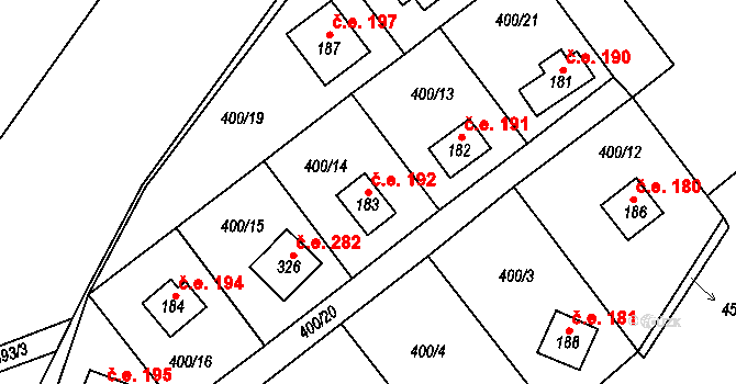 Vlastějovice 192 na parcele st. 183 v KÚ Vlastějovice, Katastrální mapa