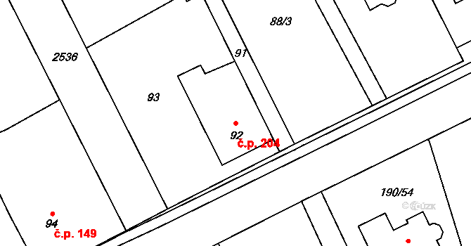 Hrabová 204, Ostrava na parcele st. 92 v KÚ Hrabová, Katastrální mapa