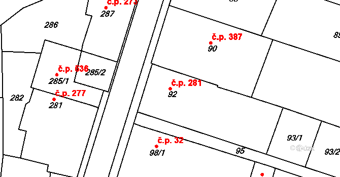 Želechovice nad Dřevnicí 281 na parcele st. 92 v KÚ Želechovice nad Dřevnicí, Katastrální mapa