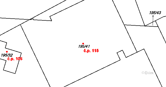 Milčice 115 na parcele st. 195/41 v KÚ Milčice u Peček, Katastrální mapa