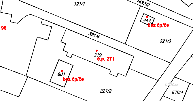 Mokré Lazce 271 na parcele st. 319 v KÚ Mokré Lazce, Katastrální mapa