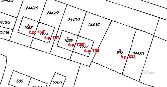 Polešovice 735 na parcele st. 1077 v KÚ Polešovice, Katastrální mapa