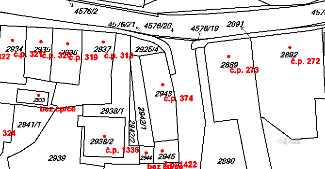 Třešť 374 na parcele st. 2943 v KÚ Třešť, Katastrální mapa