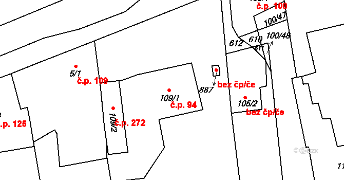 Rudná 94 na parcele st. 109/1 v KÚ Dušníky u Rudné, Katastrální mapa