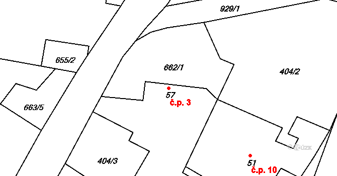 Hráz 3, Měčín na parcele st. 57 v KÚ Třebýcina, Katastrální mapa