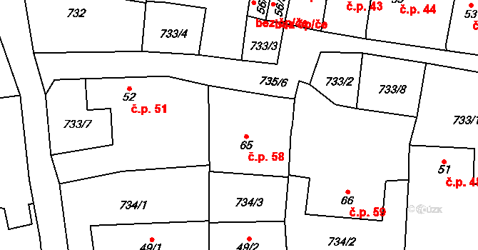 Rochlov 58 na parcele st. 65 v KÚ Rochlov, Katastrální mapa