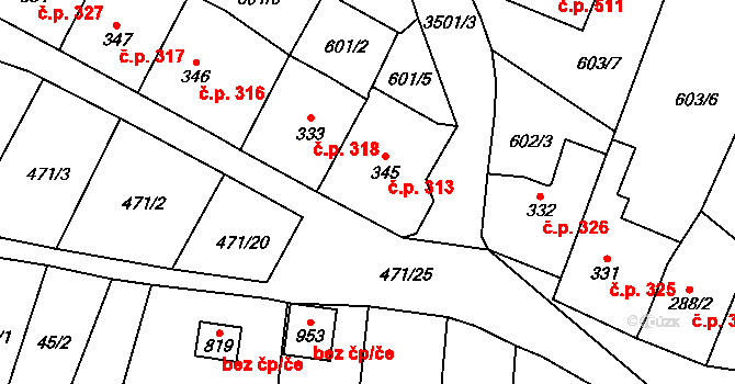 Lysice 313 na parcele st. 345 v KÚ Lysice, Katastrální mapa