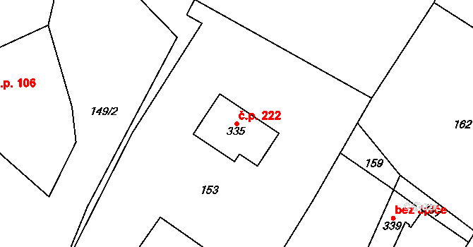 Kocbeře 222 na parcele st. 335 v KÚ Kocbeře, Katastrální mapa