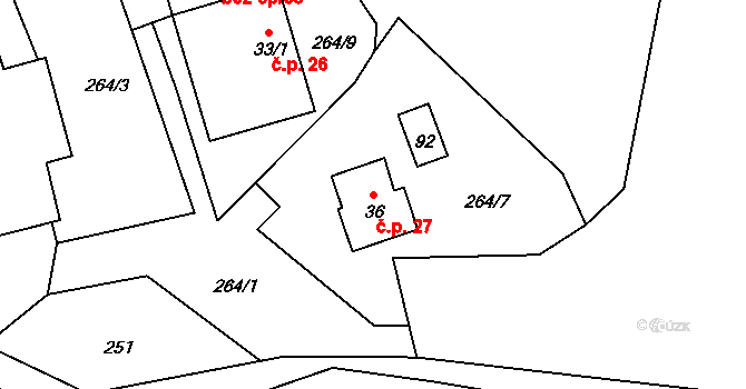 Těchoraz 27, Červená Řečice na parcele st. 36 v KÚ Těchoraz, Katastrální mapa