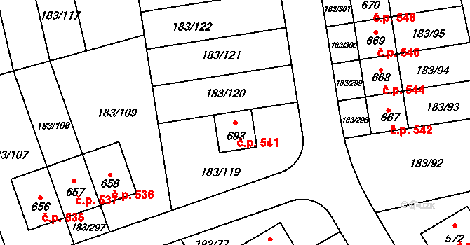 Postřižín 541 na parcele st. 693 v KÚ Postřižín, Katastrální mapa