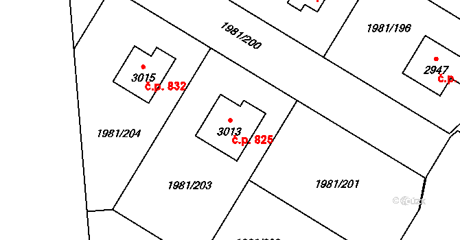 Litice 825, Plzeň na parcele st. 3013 v KÚ Litice u Plzně, Katastrální mapa