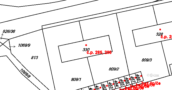 Chlumčany 285,286 na parcele st. 330 v KÚ Chlumčany u Přeštic, Katastrální mapa