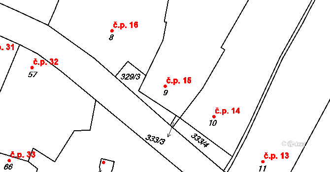 Běhařovice 15 na parcele st. 9 v KÚ Běhařovice, Katastrální mapa