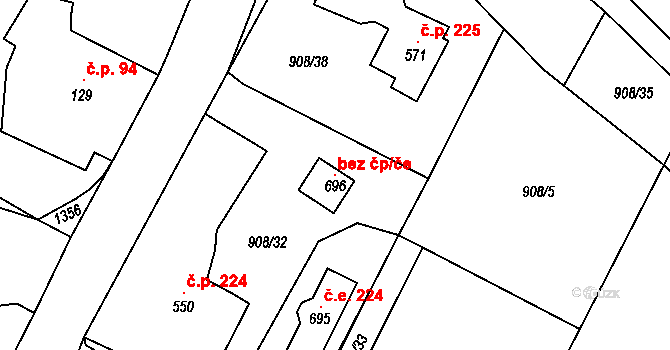 Kyselka 107588218 na parcele st. 696 v KÚ Radošov u Kyselky, Katastrální mapa
