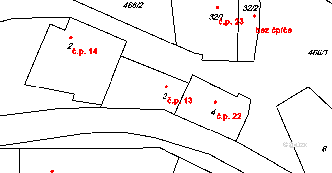 Zderadiny 13, Kácov na parcele st. 3 v KÚ Zderadiny, Katastrální mapa