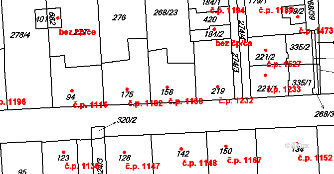 Švermov 1168, Kladno na parcele st. 158 v KÚ Hnidousy, Katastrální mapa