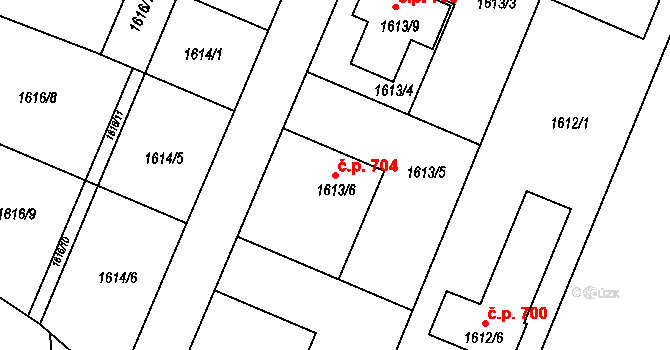 Želešice 704 na parcele st. 1613/6 v KÚ Želešice, Katastrální mapa