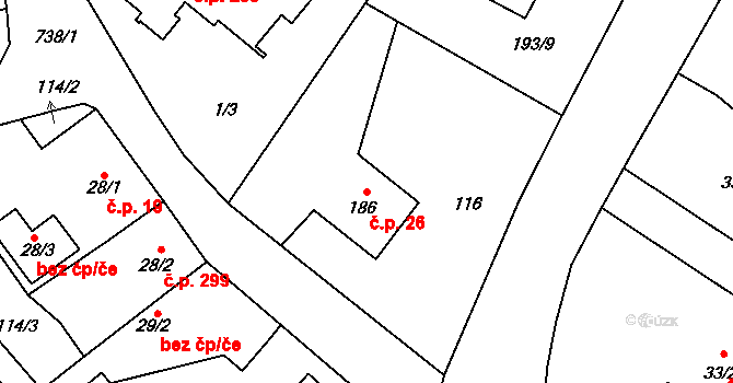 Stěžery 26 na parcele st. 186 v KÚ Stěžery, Katastrální mapa