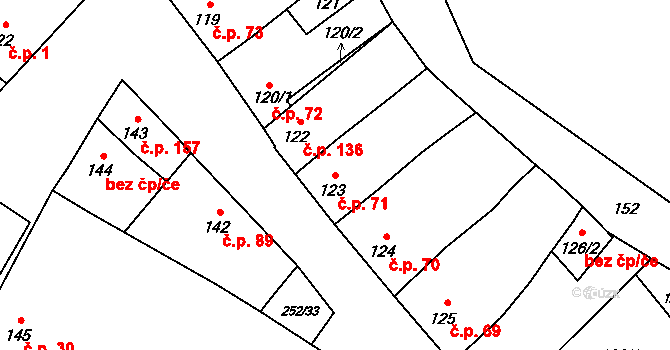 Majetín 71 na parcele st. 123 v KÚ Majetín, Katastrální mapa