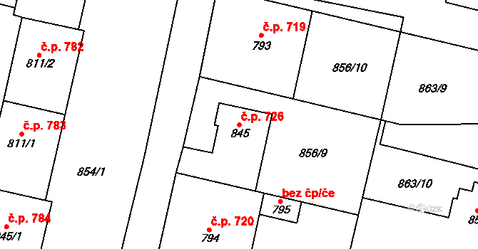 Libochovice 726 na parcele st. 845 v KÚ Libochovice, Katastrální mapa