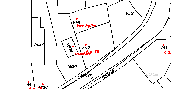 Benátecká Vrutice 78, Milovice na parcele st. 91/3 v KÚ Benátecká Vrutice, Katastrální mapa