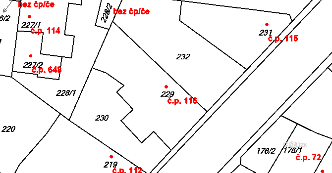 Hradištko 116 na parcele st. 229 v KÚ Hradištko u Sadské, Katastrální mapa