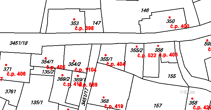 Lysá nad Labem 404 na parcele st. 355/1 v KÚ Lysá nad Labem, Katastrální mapa
