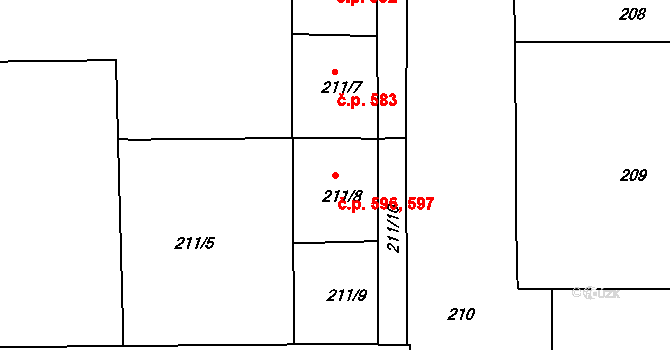 Komárov 596,597, Brno na parcele st. 211/8 v KÚ Komárov, Katastrální mapa