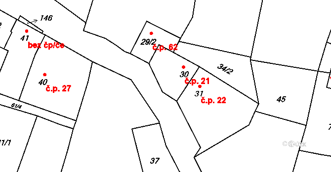 Třeskonice 21, Tuchořice na parcele st. 30 v KÚ Třeskonice, Katastrální mapa