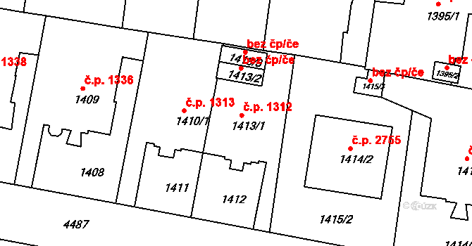 Teplice 1312 na parcele st. 1413/1 v KÚ Teplice, Katastrální mapa