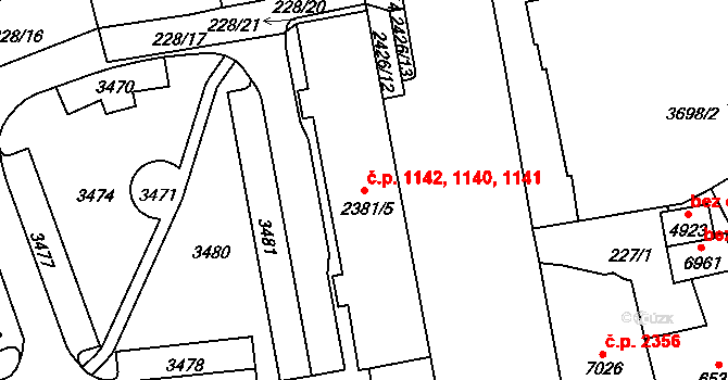 Cheb 1140,1141,1142 na parcele st. 2381/5 v KÚ Cheb, Katastrální mapa