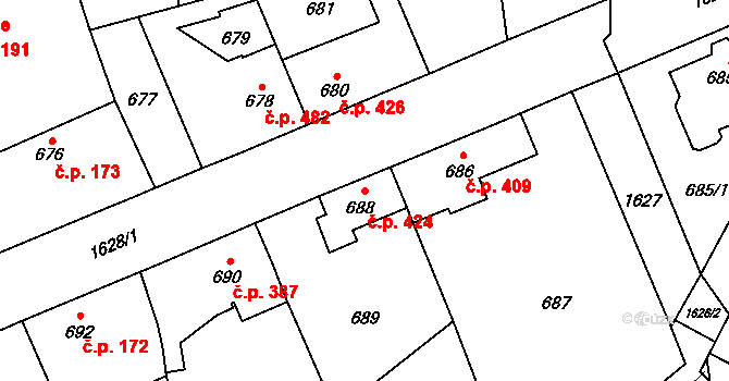 Řeporyje 424, Praha na parcele st. 688 v KÚ Řeporyje, Katastrální mapa