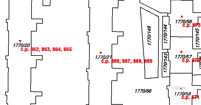 Podolí 866,867,868,869, Praha na parcele st. 1770/21 v KÚ Podolí, Katastrální mapa