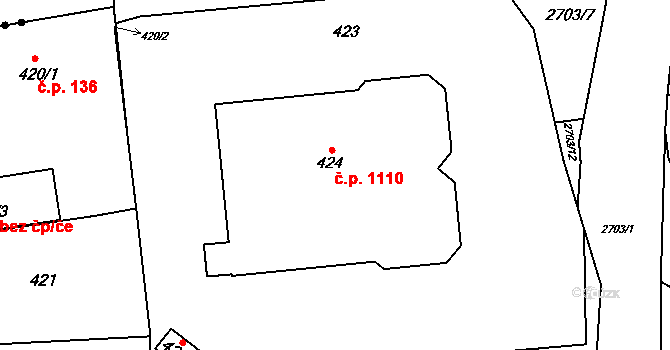 Stodůlky 1110, Praha na parcele st. 424 v KÚ Stodůlky, Katastrální mapa