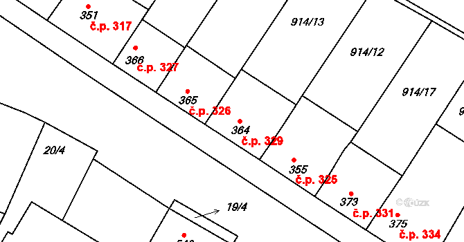 Krumvíř 329 na parcele st. 364 v KÚ Krumvíř, Katastrální mapa