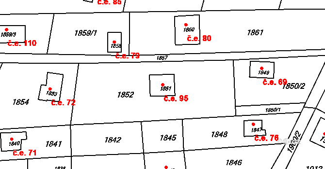 Ochoz u Brna 95 na parcele st. 1851 v KÚ Ochoz u Brna, Katastrální mapa