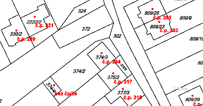 Chylice 294, Ostrožská Nová Ves na parcele st. 374/3 v KÚ Chylice, Katastrální mapa