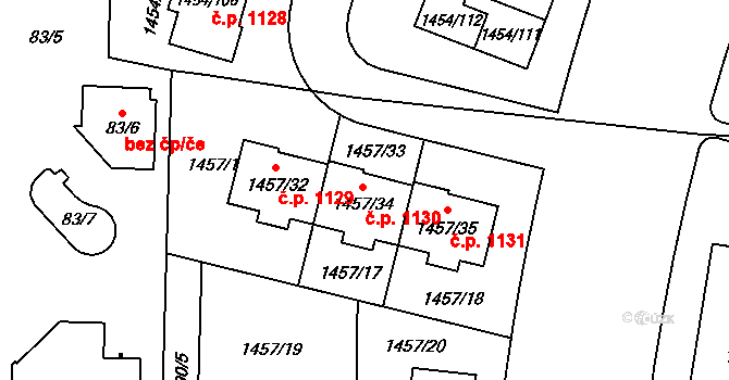 Černice 1130, Plzeň na parcele st. 1457/34 v KÚ Černice, Katastrální mapa